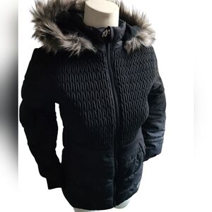 Girls Black Quilted Women's Jacket with Faux Fur Hood - Size 14 L
